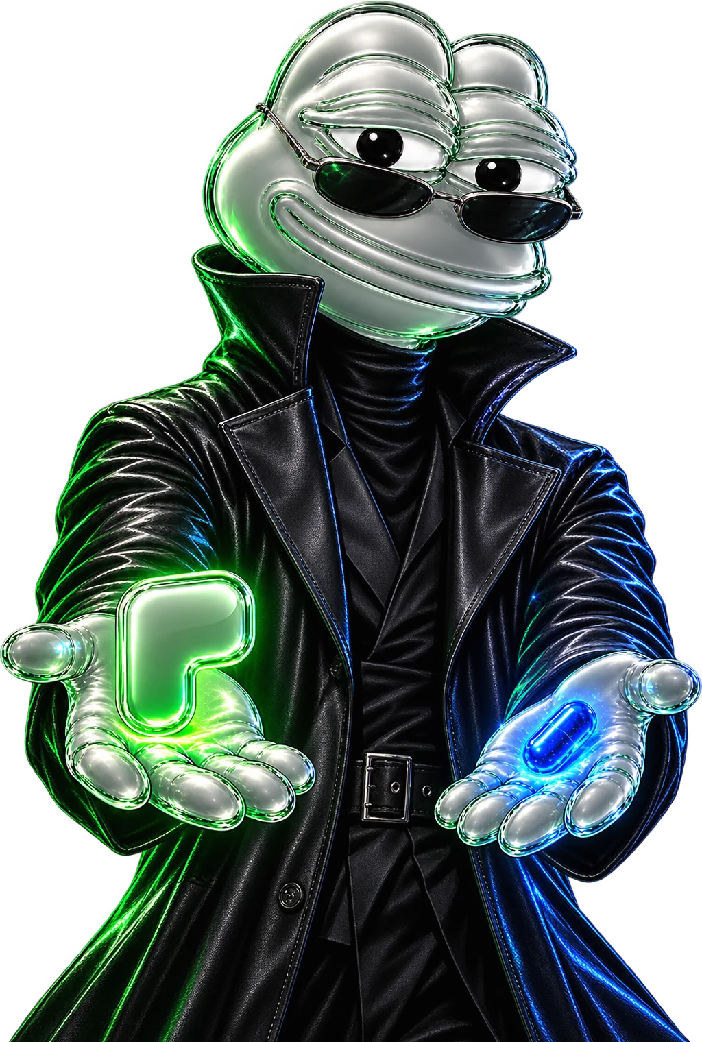 Pepe in a black trench coat and sunglasses, offering the green Pons logo in one hand and a blue pill in the other